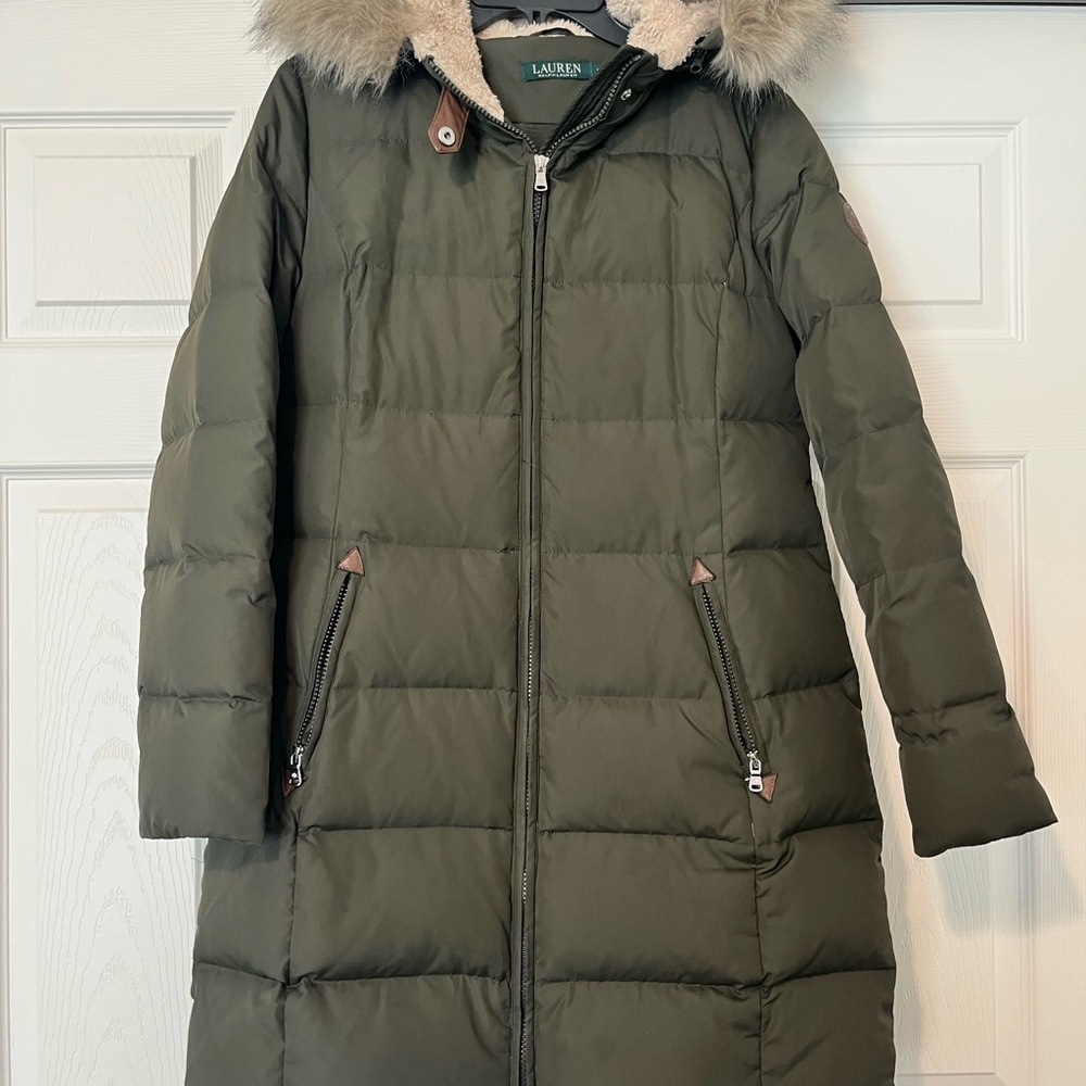Lauren Ralph Lauren Olive Green Puffer Coat with Fur-Trim Hood